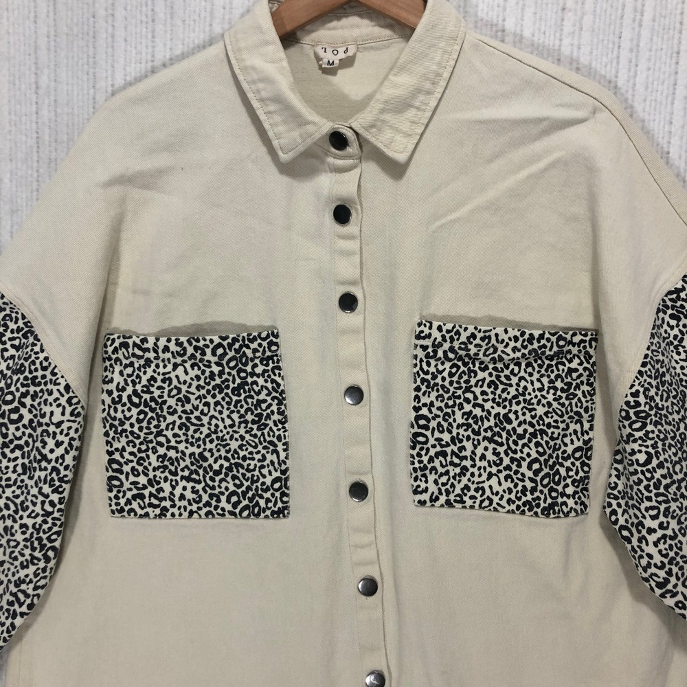 POL Denim Shacket Cream Leopard Print Mixed Media Button Down SMT1165‎ Mens M